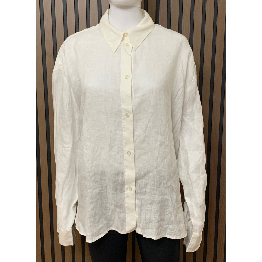 HM White 100% Linen Button Down Shirt Long Sleeve Women's L Classic
